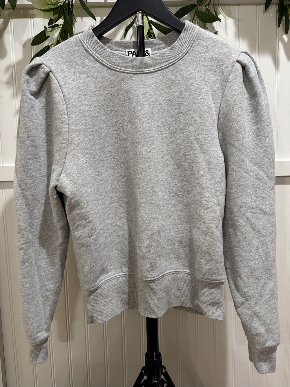 #328 PAM & GELA Light Gray Puff Shoulder Cotton Crewneck Sweatshirt S